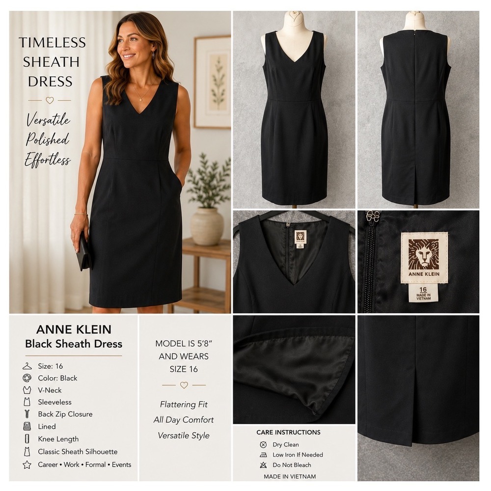 Anne Klein Black Sleeveless V-Neck Sheath Dress Professional‎ Workwear Size 16